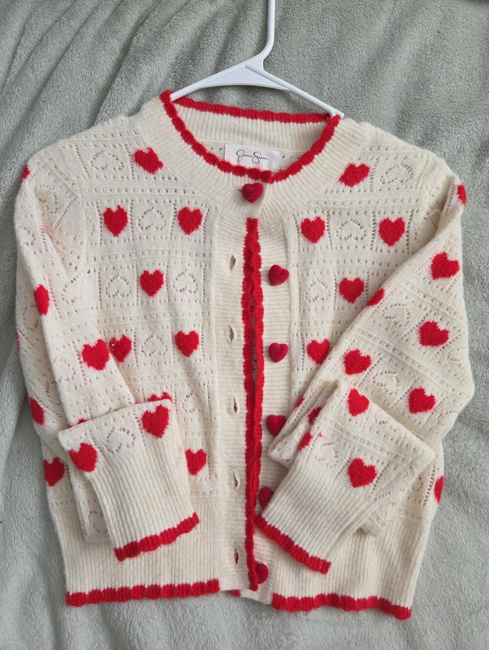 Cream Knit Cardigan with Red Heart Accents